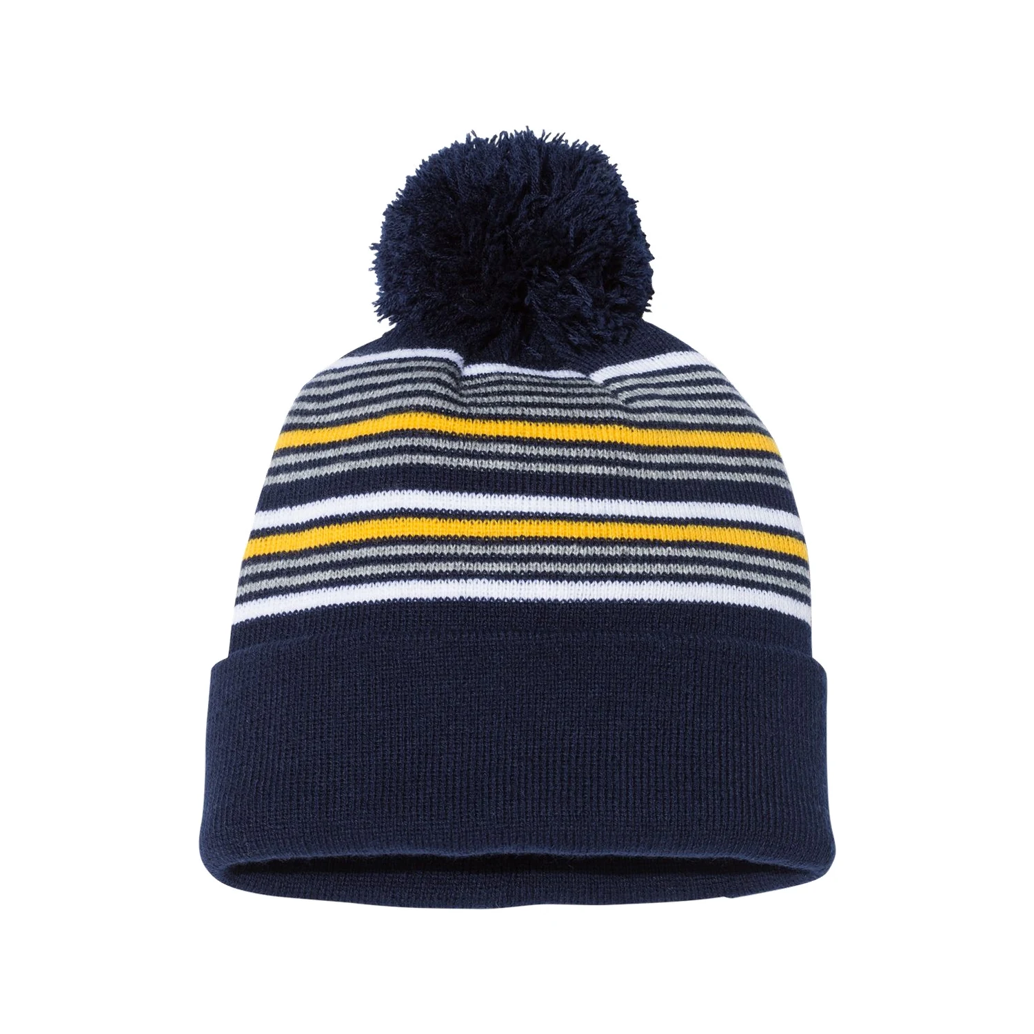 12" Striped Pom Pom Knit Cap - Navy White Grey Gold