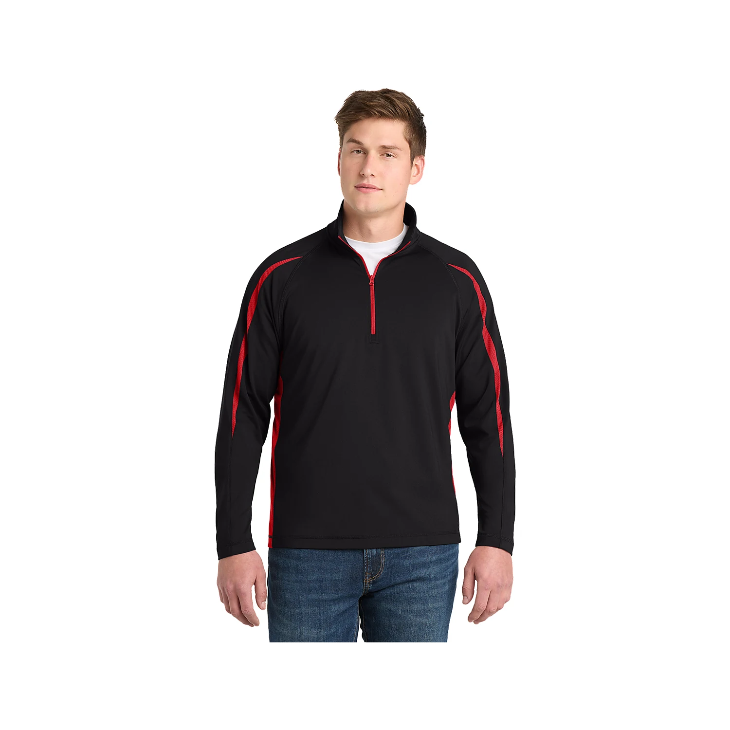 Sport-Tek Sport-Wick Stretch 1/2-Zip Colorblock Pullover - Black True Red
