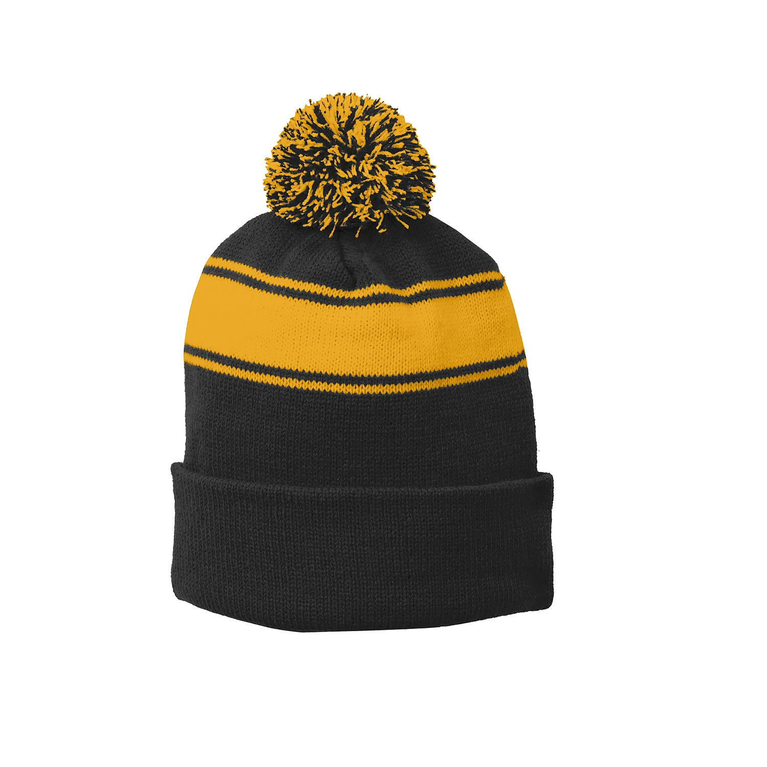 Sport Tek Stripe Pom Pom Beanie - Black Gold